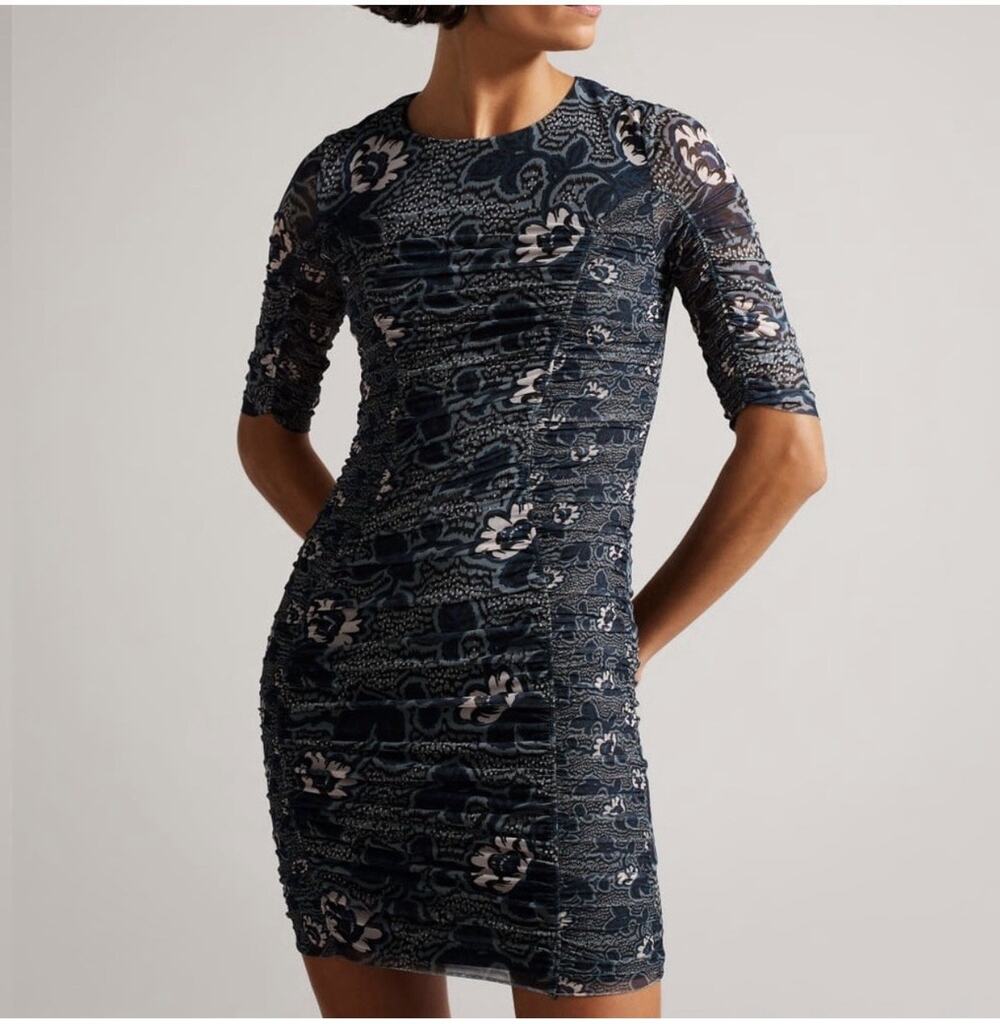 Ted Baker Velvit Blue Floral Sheer Sleeve Dress Size 1 (S/4)
